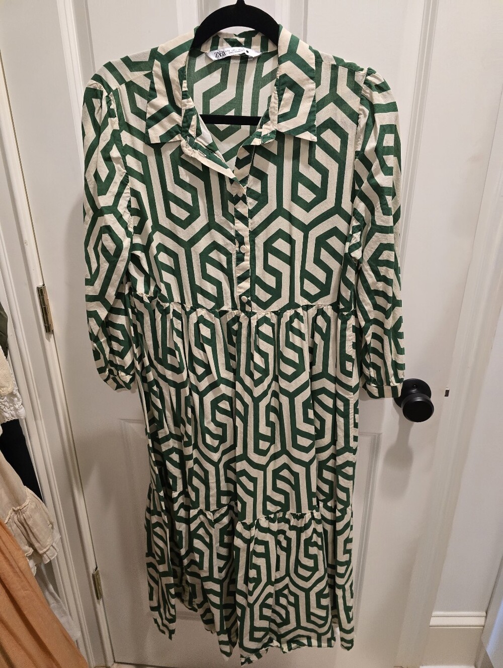 Zara Cotton Button-Front Green Geometric Midi Dress